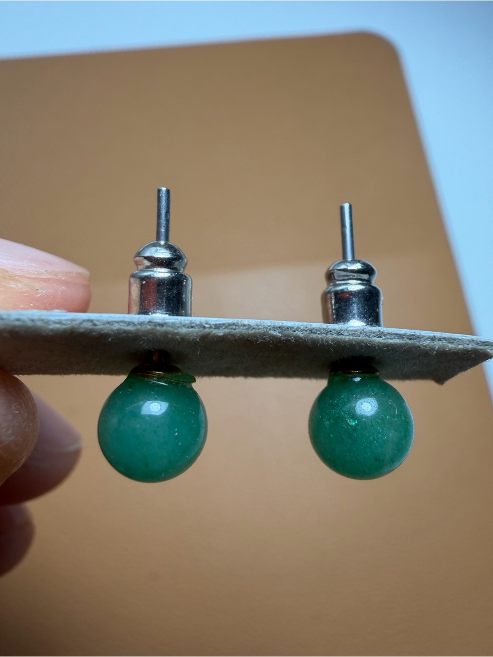 Minimalist Green Stone Ball Stud Earrings - Picture 8 of 9